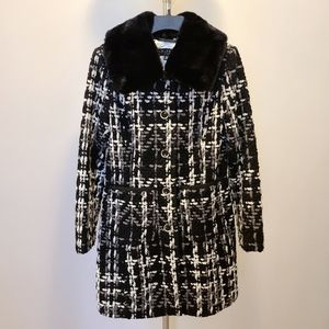 Long black and white tweed coat